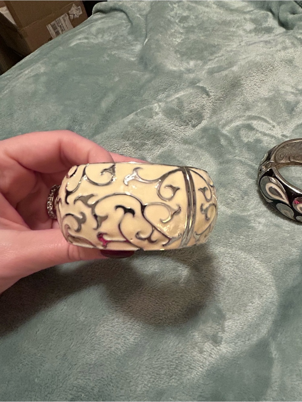 New York & Company Silver Black and Cream Enamel Bangle Bracelet Trio - Picture 3 of 8